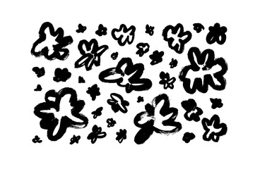 Childish style flowers elements isolated on white background. Abstract black botanical elements. Brush drawn floral silhouettes. Graphic sketch drawing of daisies, simple vector chamomiles.
