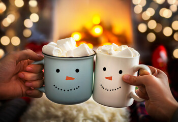 Close-up of two hands with snowman face on cup of hot cocoa with marshmallows. Mom and child...