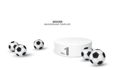 3D vector illustration of soccer balls and winner podium with white background. Football background with blank space.