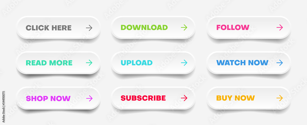 Poster 3d click here web buttons. Set of action button, hand cursor and arrow pointing click link buttons. Add to cart, shop now, upload, downloa buttons. Online shopping icons for UI UX website, mobile app