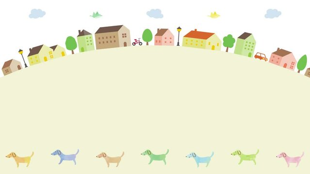 街並みと犬のイラストのお散歩イメージ背景（20秒ループ）