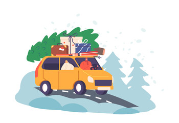 Couple Travel for Christmas Holidays on Car with Fir Tree and Bags with Presents on Roof Trunk. Winter Road Journey