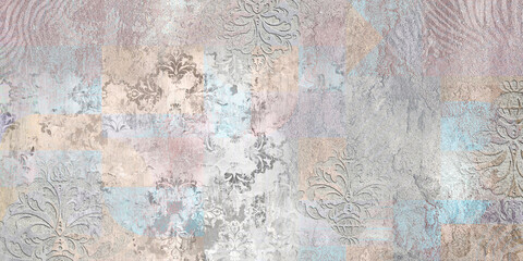 Grunge concrete wall with ornaments and prints. Digital tiles design. 3D render Colorful ceramic wall tiles decoration. Abstract damask patchwork background - obrazy, fototapety, plakaty