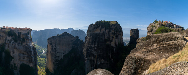 panorama landscape of the Meteora rock formations with Varlaam and Great Meteoro monasteries in view