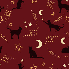 Koty bawiące się gwiazdkami i księżycem. Magiczna scena nocna. Ilustracja wektorowa na ciemnym tle. Powtarzający się wzór. - obrazy, fototapety, plakaty