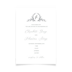 Wedding invitation with sketch drawn botanical monogram.