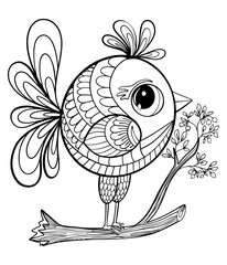 bird on branch outline doodle coloring book for kids graphic sketch isolated on white background sparrow with patterns vector hand drawn