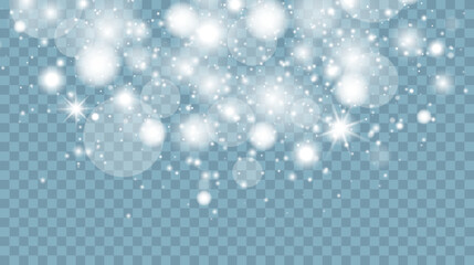 Sparkling magical dust particles. Glowing light effect with many glitter particles isolated on transparent background. Christmas abstract pattern.