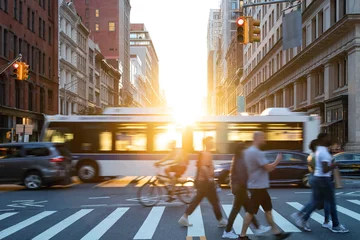 Menschen, Autos, Fahrräder und Busse, die durch eine belebte Kreuzung auf der 5th Avenue und der 23rd Street in New York City mit strahlendem Sonnenlicht fahren © deberarr