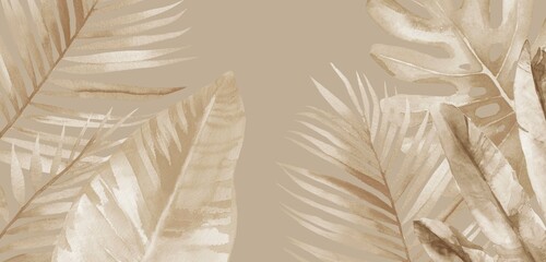 Tropical leaves background. Watercolour illustration on beige Background. 