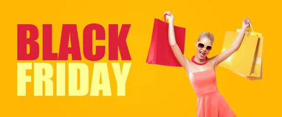 Happy young woman shopping in black friday holiday. Girl with many color bags and gifts.