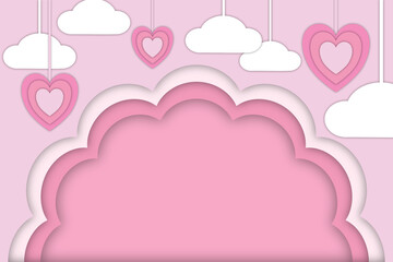 Love day paper cut art pink heart background Valentine’s Day cloudy decorated romantic greeting card