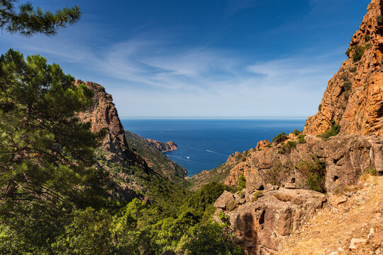 Landscape with coastal road in Calanques de Piana, Corsica, France