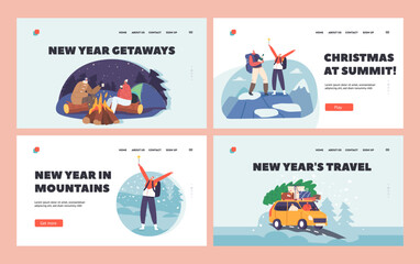Obraz na płótnie Canvas Couple Travel for Christmas Holidays Landing Page Template Set. Male and Female Characters on Winter Vacation