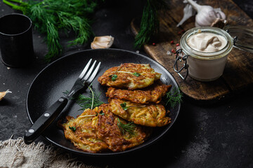Potato pancakes in a bowl. Draniki.
