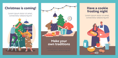 Obraz premium Cartoon Banners with Young Couple Celebrate Christmas Holiday Packing Gifts, Cooking and Decorate Fir Tree