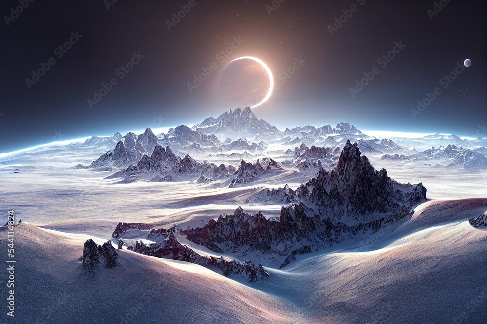 Poster celestial view of snow capped mountains and an alien planet.