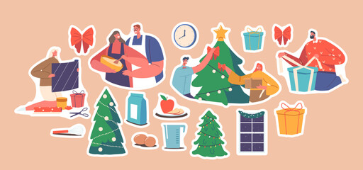 Set of Stickers Young Couple Celebrate Christmas Holiday Packing Gifts, Cooking and Decorate Fir Tree, Happy Characters