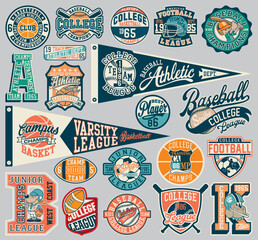 Cute vector collection of college sports athletic department badges and flag for children wear print or embroidery - obrazy, fototapety, plakaty
