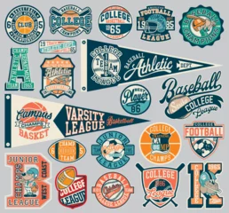 Fotobehang Cute vector collection of college sports athletic department badges and flag for children wear print or embroidery © PrintingSociety