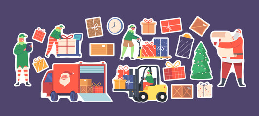 Fototapeta premium Set of Stickers Santa Claus and Elves Loading Gifts in Truck, Christmas Characters Reading List and Load Boxes