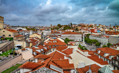 Lisbon  view over Rossio Square from elevator Santa de Justa.  Portugal.