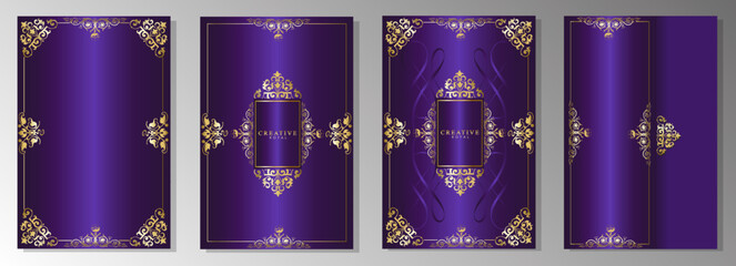 Luxury purple and gold cover set. Golden ribbon and baroque decor on shiny metallic background. Victorian style design for brochure, elegant card invitation, royal wedding.