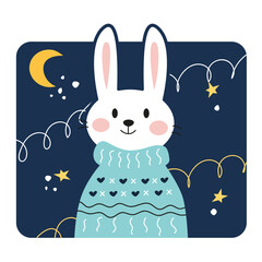 Festive Christmas cute white rabbit in comfortable sweater symbol of the new year. Vector illustration on blue background. Merry Christmas card for print. New Year 2023 bunny.