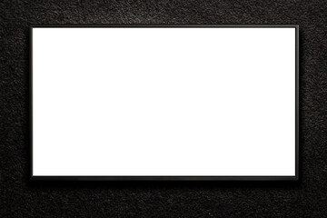 Television on dark gray wall. TV 4K flat screen lcd or oled, White blank HD monitor mockup. Modern video panel black flatscreen.