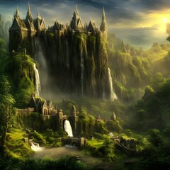 Fototapeta na wymiar Elven castle on a Cliff 3d render 3d illustration