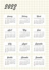 Monthly calendar for 2023. Calendar with checkered background. The week starts on Sunday.	
