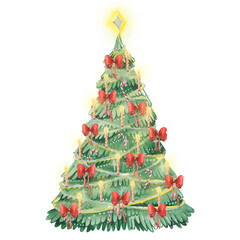 Watercolor bright illustration of festive chrismas tree with red bows, lights and shining candles in vintage style. Isolated art for new year greeting postcard.