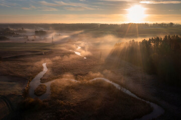 Radunia River meanders at sunrise, Kashubia. Poland