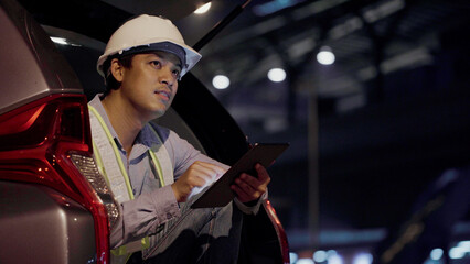 Fototapeta na wymiar Civil engineer work inspecting architect drawing on construction site.