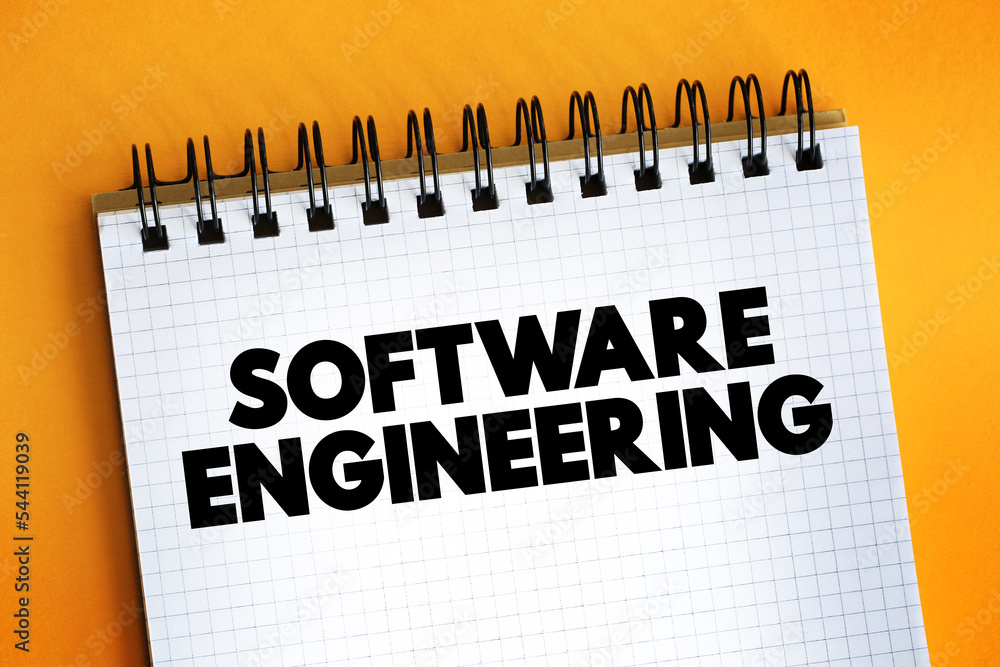 Poster software engineering text on notepad, concept background