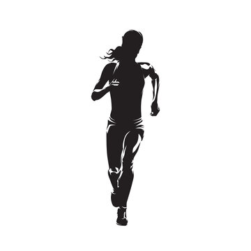 Running woman, abstract isolated vector silhouette, ink drawing. Female runner, front view
