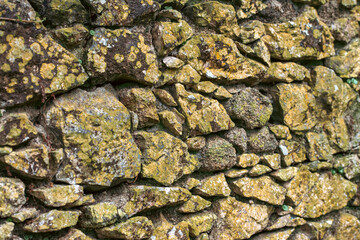 Old stone wall with yellow fungus and moss