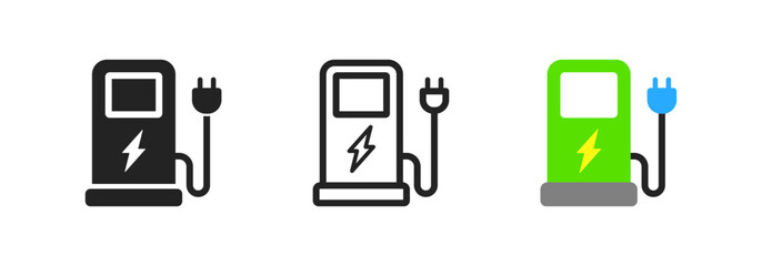 Electrical car charging station icon. Electric fuel pump. Concept of eco, green fuel for hybrid vehicles. Refueling car symbol. Colored flat design.