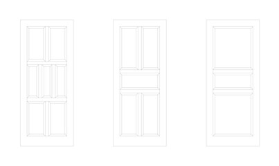 Decorative timber door drawing in 2D and in black and white. The elevation view and the drawing were produced using CAD. Doors consist of single and double swing types.