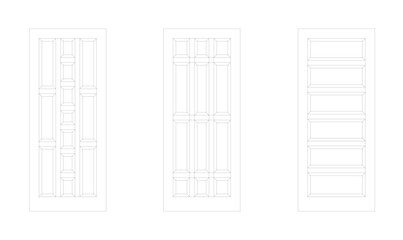 Decorative timber door drawing in 2D and in black and white. The elevation view and the drawing were produced using CAD. Doors consist of single and double swing types.