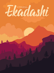 Indian event Utpanna Ekadashi banner template. Sunrise over the mountains. - obrazy, fototapety, plakaty