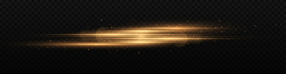 Golden horizontal lens flares pack, laser beams, light flare. Luminous abstract sparkling lines.