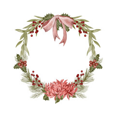 Christmas wreath with bow, flowers and pine branches