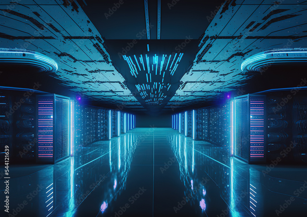Poster Data center or server room with servers of information cloud storage. Server racks in a computer security network server room. 3d illustration