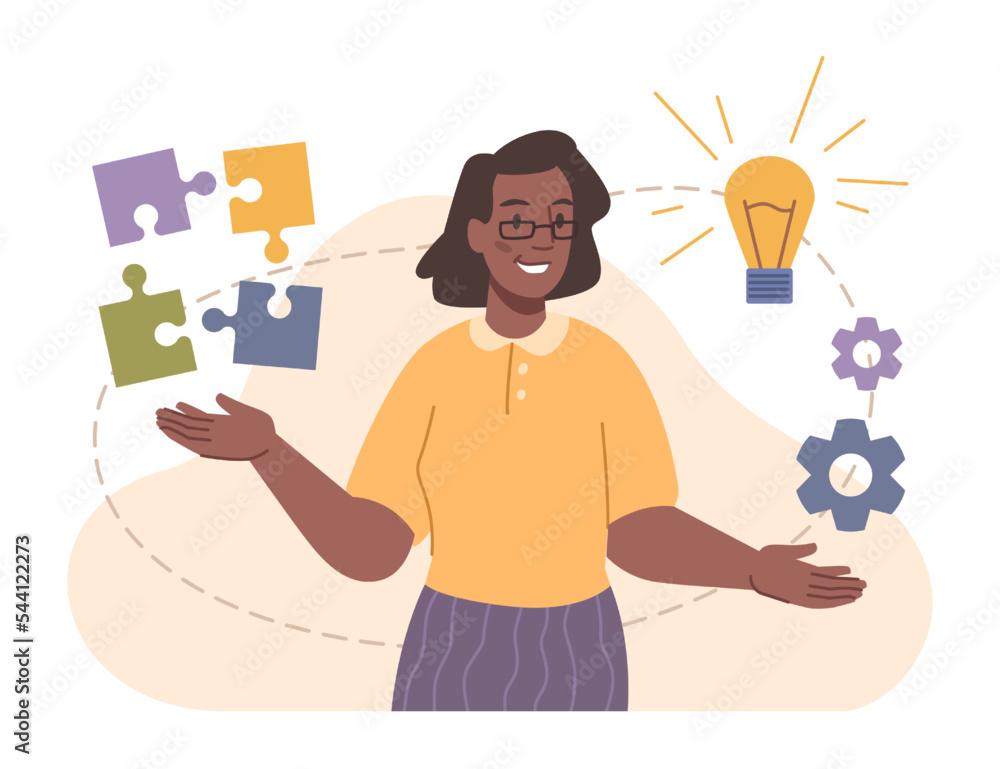 Leinwandbilder Business project and tasks completion, isolated employee solving issues and developing process. Creative innovations and ideas from woman. Flat cartoon character, vector in flat style