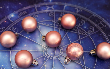 horoscope with zodiac signs and pink Christmas balls like astrology and Christmas festive time...