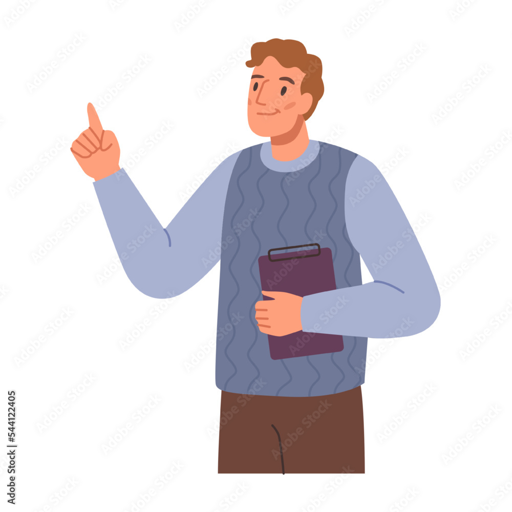 Poster Employee with documents or report. Isolated worker or boss. Director with instruction, company development. Flat cartoon character, vector in flat style