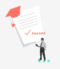Contemporary art collage. Conceptual image. Young man successfully passed exam test on laptop. Online, remote University lessons