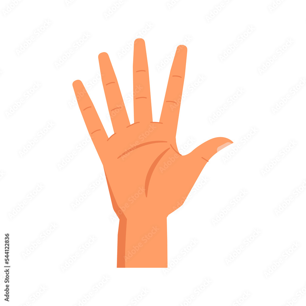 Poster Fingers showing number five, isolated hand gesture. Enumeration and presentation of digits with help of arm. Nonverbal communication. Vector in flat style