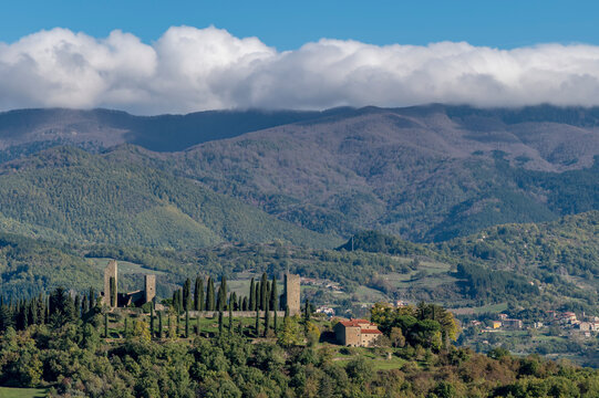 Panoramic view of the ancient castle of Romena and surroundings, Arezzo, Italy